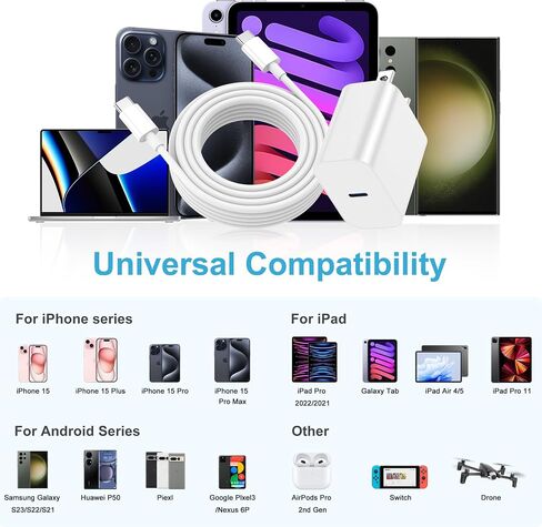 شاحن iPhone 15، شاحن iPad، 3 عبوات USB C بقدرة 20 واط، كتلة شاحن سريع لهاتف iPhone 15 Pro Max/Plus، كابل USB C إلى C بطول 6 أقدام لجهاز iPad Pro 12.9/11 بوصة، iPad Air 5th/4th، iPad 10th، iPad Mini 6، (أبيض) in Saudi Arabia