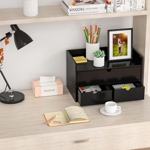 منظم مكتب Wisuce Bamboo - درج مكتب صغير من الخيزران على سطح الطاولة منظمة تخزين مستحضرات التجميل للمكتب أو المنزل باللون الأسود مع رف in Saudi Arabia