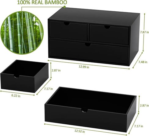 Wisuce Bamboo Desk Organizer - Mini Bamboo Desk Drawer Tabletop Cosmetic Storage Organization for Office or Home Black with Shelf in Kuwait
