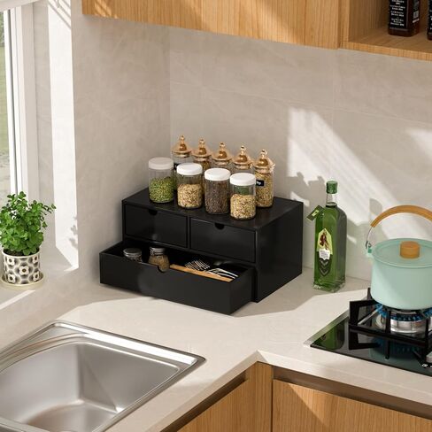 Wisuce Bamboo Desk Organizer - Mini Bamboo Desk Drawer Tabletop Cosmetic Storage Organization for Office or Home Black with Shelf in Kuwait