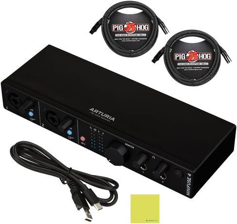 Arturia MiniFuse 4 Versatile Desktop USB Audio Interface Black Bundle with 2x Pig Hog 8mm XLR Microphone Cable 10ft and Liquid Audio Instrument Polishing Cloth - Portable Audio Interface for PC, Mac in Saudi Arabia