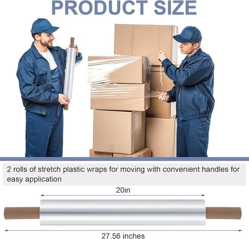 2 لفات 20 بوصة × 1000 قدم ملفوفة قابلة للتمدد مع مقبض بلاستيكي شفاف قابل للتمدد يتقلص لفافة لف لتغليف الأثاث ومستلزمات تغليف البليت in Kuwait