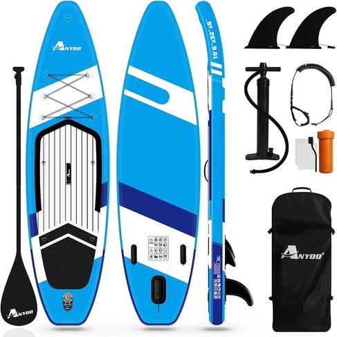 Anyoo Inflatable Stand Up Paddle Board 10'6"×32"×6" with SUP Paddle Board Accessories,2 Removable Center Fins,Adjustable Paddle, Non-Slip Deck,Dual Action Pump,Ankle Leash,Portable with A Carry Bag in Kuwait