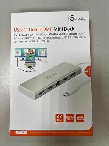 j5create USB-C Mini Dock- Type C Hub مع 2X HDMI، 2X USB 3.0، إيثرنت، توصيل الطاقة 2.0 (JCD381) in Saudi Arabia