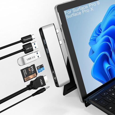 ملحقات Surface Pro 9، قاعدة تركيب Surface Pro 9 مع 4K HDMI، USB-C Thunerbolt 4 (شاشة + بيانات + شحن PD)، 2 USB 3.0، قارئ بطاقة SD/TF لجهاز Surface Pro 9/Prox in Kuwait