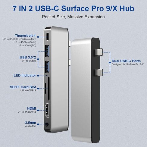 ملحقات Surface Pro 9، قاعدة تركيب Surface Pro 9 مع 4K HDMI، USB-C Thunerbolt 4 (شاشة + بيانات + شحن PD)، 2 USB 3.0، قارئ بطاقة SD/TF لجهاز Surface Pro 9/Prox in Kuwait