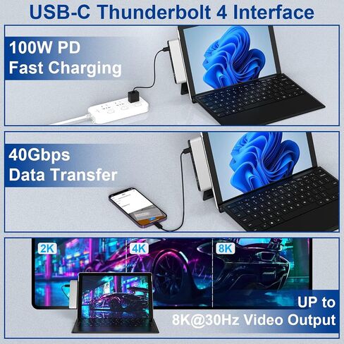 ملحقات Surface Pro 9، قاعدة تركيب Surface Pro 9 مع 4K HDMI، USB-C Thunerbolt 4 (شاشة + بيانات + شحن PD)، 2 USB 3.0، قارئ بطاقة SD/TF لجهاز Surface Pro 9/Prox in Kuwait