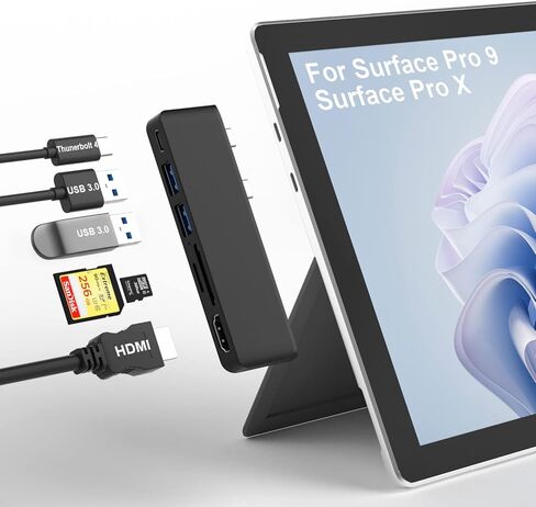 ملحقات Surface Pro 9، قاعدة تركيب Surface Pro 9 مع 4K HDMI، USB-C Thunerbolt 4 (شاشة + بيانات + شحن PD)، 2 USB 3.0، قارئ بطاقة SD/TF لجهاز Surface Pro 9/Prox in Kuwait