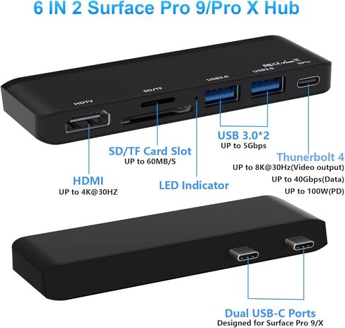 ملحقات Surface Pro 9، قاعدة تركيب Surface Pro 9 مع 4K HDMI، USB-C Thunerbolt 4 (شاشة + بيانات + شحن PD)، 2 USB 3.0، قارئ بطاقة SD/TF لجهاز Surface Pro 9/Prox in Kuwait
