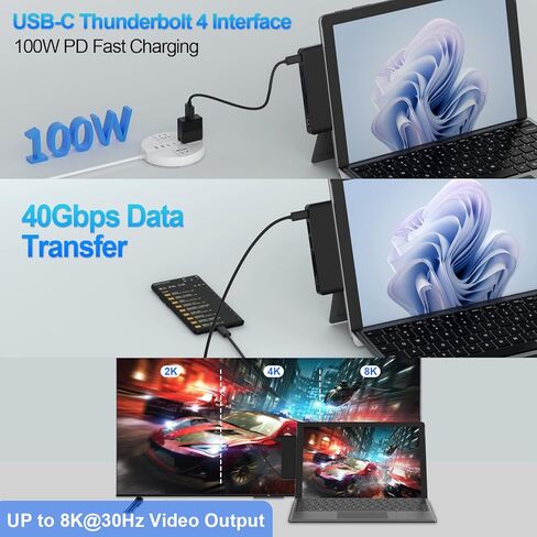 ملحقات Surface Pro 9، قاعدة تركيب Surface Pro 9 مع 4K HDMI، USB-C Thunerbolt 4 (شاشة + بيانات + شحن PD)، 2 USB 3.0، قارئ بطاقة SD/TF لجهاز Surface Pro 9/Prox in Kuwait
