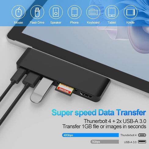 ملحقات Surface Pro 9، قاعدة تركيب Surface Pro 9 مع 4K HDMI، USB-C Thunerbolt 4 (شاشة + بيانات + شحن PD)، 2 USB 3.0، قارئ بطاقة SD/TF لجهاز Surface Pro 9/Prox in Kuwait