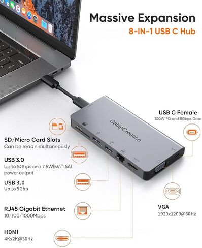 موزع CableCreation USB C مع كابل USB-C قابل للفصل، قاعدة توصيل USB C 9 في 1 إلى 4K HDMI وVGA وEthernet وUSB 3.0 وSD/Micro SD و100W PD متوافق مع Steam Deck وMacBook Pro/Air 2020 وiPad Pro2018 ,إكس بي إس 13/15 in Saudi Arabia