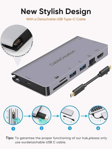موزع CableCreation USB C مع كابل USB-C قابل للفصل، قاعدة توصيل USB C 9 في 1 إلى 4K HDMI وVGA وEthernet وUSB 3.0 وSD/Micro SD و100W PD متوافق مع Steam Deck وMacBook Pro/Air 2020 وiPad Pro2018 ,إكس بي إس 13/15 in Saudi Arabia