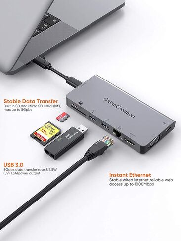 موزع CableCreation USB C مع كابل USB-C قابل للفصل، قاعدة توصيل USB C 9 في 1 إلى 4K HDMI وVGA وEthernet وUSB 3.0 وSD/Micro SD و100W PD متوافق مع Steam Deck وMacBook Pro/Air 2020 وiPad Pro2018 ,إكس بي إس 13/15 in Saudi Arabia