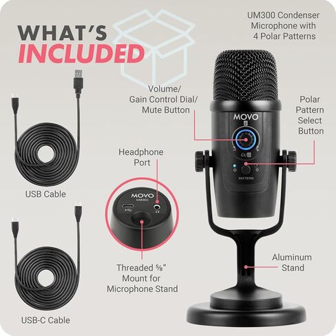 ميكروفون ألعاب Movo UM300 Mini USB - ميكروفون USB مكثف مثالي لجهاز PS5، والكمبيوتر الشخصي، والبودكاست، والكمبيوتر، والموسيقى، والبث، وASMR - أساسي لمنشئ المحتوى in Saudi Arabia