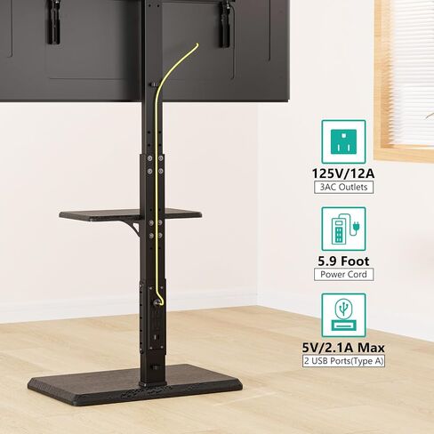 WALI Universal Floor TV Stand,TV Mount Stand with Power Outlet & AV Shelf for 32-70 inch TV, Tall TV Stand for Bedroom Holds up to 110 lbs,Height Adjustable and Wood Base (TVDVD-6P), Black in Saudi Arabia