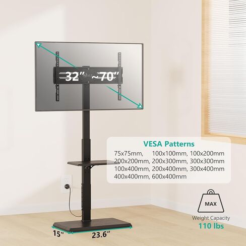 WALI Universal Floor TV Stand,TV Mount Stand with Power Outlet & AV Shelf for 32-70 inch TV, Tall TV Stand for Bedroom Holds up to 110 lbs,Height Adjustable and Wood Base (TVDVD-6P), Black in Saudi Arabia