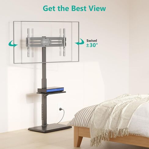 WALI Universal Floor TV Stand,TV Mount Stand with Power Outlet & AV Shelf for 32-70 inch TV, Tall TV Stand for Bedroom Holds up to 110 lbs,Height Adjustable and Wood Base (TVDVD-6P), Black in Saudi Arabia