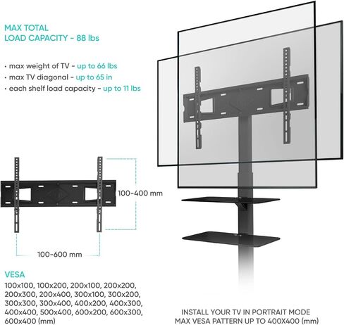 ONKRON Swivel Floor TV Stand for 32-65 Inch TVs up to 88.2 lbs - Tempered Glass TV Stand Floor - TV Floor Stand VESA max 600x400 - Minimalist TV Stand Shelves/Corner TV Stand for Bedroom Black in Saudi Arabia