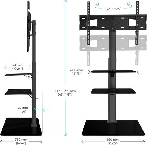 ONKRON Swivel Floor TV Stand for 32-65 Inch TVs up to 88.2 lbs - Tempered Glass TV Stand Floor - TV Floor Stand VESA max 600x400 - Minimalist TV Stand Shelves/Corner TV Stand for Bedroom Black in Saudi Arabia
