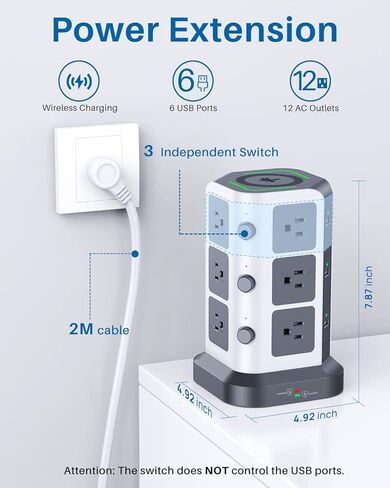 KOOSLA [65W] واقي عرام برج قطاع الطاقة PD، محطة شحن سطح المكتب USB C مع 12 منفذ تيار متردد متباعدة على نطاق واسع / 2 منافذ USB-C / 3 منافذ USB-A، سلك تمديد عالي التحمل بطول 6.5 قدم للمنزل والمكتب والنوم... in Kuwait