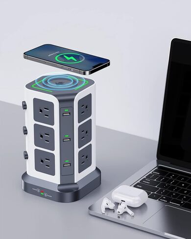 KOOSLA [65W] واقي عرام برج قطاع الطاقة PD، محطة شحن سطح المكتب USB C مع 12 منفذ تيار متردد متباعدة على نطاق واسع / 2 منافذ USB-C / 3 منافذ USB-A، سلك تمديد عالي التحمل بطول 6.5 قدم للمنزل والمكتب والنوم... in Kuwait