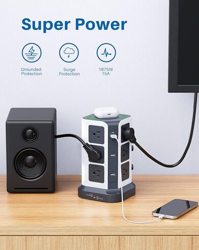 KOOSLA [65W] واقي عرام برج قطاع الطاقة PD، محطة شحن سطح المكتب USB C مع 12 منفذ تيار متردد متباعدة على نطاق واسع / 2 منافذ USB-C / 3 منافذ USB-A، سلك تمديد عالي التحمل بطول 6.5 قدم للمنزل والمكتب والنوم... in Kuwait