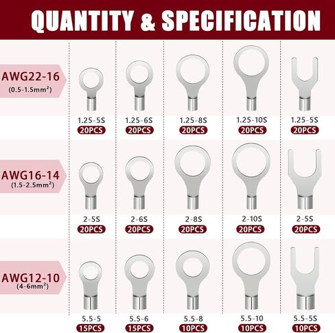 Twidec/640PCS Non Insulated Ring Terminal Kit AWG 22-16 16-14 12-10 Non-Insulated Copper Ring Fork Terminals Wire Connectors Kit of Tinned Red Copper Wire Crimp Connectors N-091 in Kuwait
