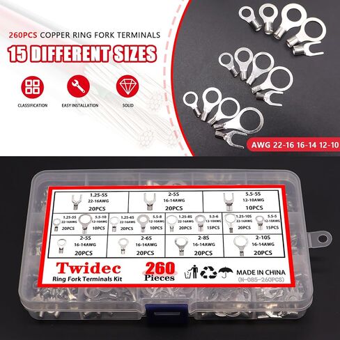 Twidec/640PCS Non Insulated Ring Terminal Kit AWG 22-16 16-14 12-10 Non-Insulated Copper Ring Fork Terminals Wire Connectors Kit of Tinned Red Copper Wire Crimp Connectors N-091 in Kuwait