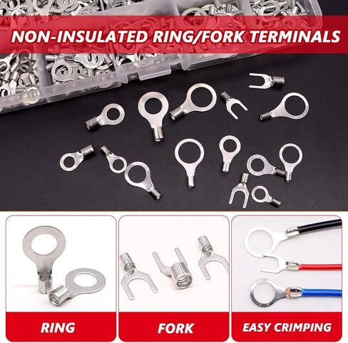 Twidec/640PCS Non Insulated Ring Terminal Kit AWG 22-16 16-14 12-10 Non-Insulated Copper Ring Fork Terminals Wire Connectors Kit of Tinned Red Copper Wire Crimp Connectors N-091 in Kuwait