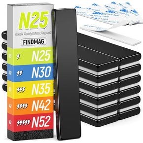 FINDMAG N52 مغناطيس النيوديميوم الأرضي النادر، مغناطيس قوي للغاية، مغناطيس شريطي شديد التحمل مع لاصق على الوجهين، مغناطيس شريط قوي للثلاجة، المرآب، المطبخ، 60 × 10 × 3 مم، 12 حزمة