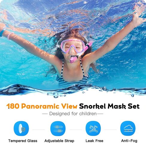 Kids Snorkel Set, Anti-Fog Panoramic Tempered Glass Kids Snorkel mask, Anti-Leak Scuba Diving Mask with Mesh Bag, Dry Top Snorkeling Gear for Kids and Youth Age 4-16 in Saudi Arabia