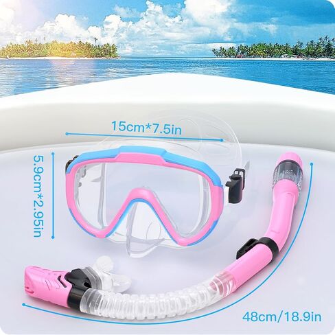 Kids Snorkel Set, Anti-Fog Panoramic Tempered Glass Kids Snorkel mask, Anti-Leak Scuba Diving Mask with Mesh Bag, Dry Top Snorkeling Gear for Kids and Youth Age 4-16 in Saudi Arabia