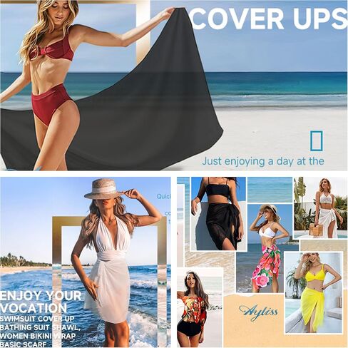 Ayliss Womens Swimwear Chiffon Cover up Solid Color Printed Beach Sarong Swimsuit Wrap Skirt Bathing Bikini in Saudi Arabia