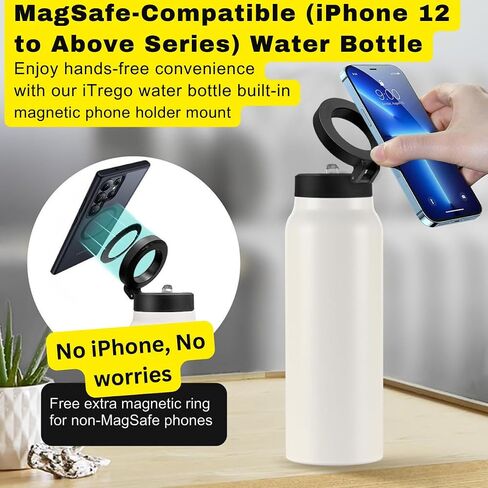 Water Bottle with Magnetic Phone Holder Lid - Insulated, Double Wall Stainless Steel Mag-safe Water Bottle With Straw & Magnet Mount for Gym, Travel, Sports - Hot & Cold (White 24 Oz) in Saudi Arabia