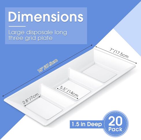 3 Section Serving Tray Bulk Serving Dish Compartment Appetizer Tray Plastic Dessert Platter Rectangular Divided Bowls Disposable Plate for Snack Desserts Fruit, 15 x 7 in (Clear,20 Pcs) in Kuwait