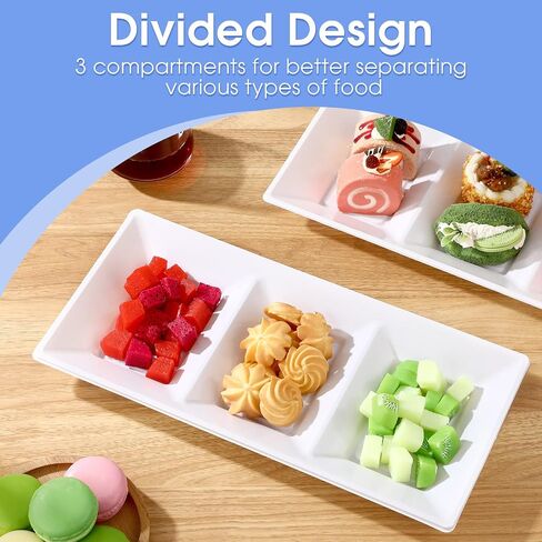3 Section Serving Tray Bulk Serving Dish Compartment Appetizer Tray Plastic Dessert Platter Rectangular Divided Bowls Disposable Plate for Snack Desserts Fruit, 15 x 7 in (Clear,20 Pcs) in Kuwait