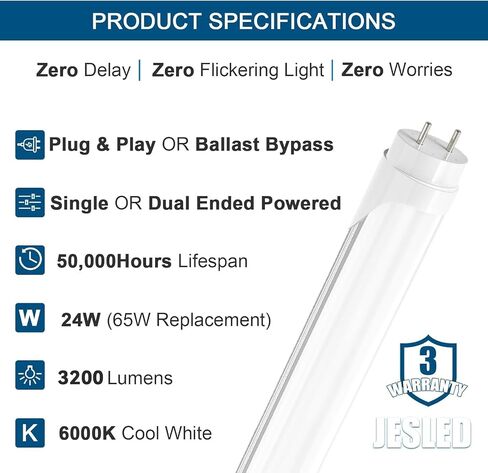 JESLED 4FT LED T8 Type A+B Tube Lights, 24W(65W Equivalent), 3200LM, 6000K, Single or Double End Powered, Plug and Play or Ballast Bypass, 4 Foot T10 T12 Fluorescent Bulbs Replacement, Clear(4-Pack) in Kuwait