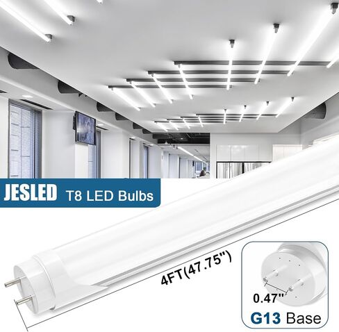 JESLED 4FT LED T8 Type A+B Tube Lights, 24W(65W Equivalent), 3200LM, 6000K, Single or Double End Powered, Plug and Play or Ballast Bypass, 4 Foot T10 T12 Fluorescent Bulbs Replacement, Clear(4-Pack) in Kuwait