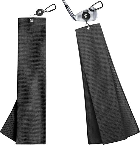 FINGER TEN Golf Towels for Golf Bags with Strong Magnetic Retractable Carabiner 24''X16'' Lightweight Absorbent Microfiber Waffle Pattern Tri-Fold Towel for Women Men (Black&Gray&Blue-3 Pack) in Kuwait