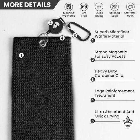 FINGER TEN Golf Towels for Golf Bags with Strong Magnetic Retractable Carabiner 24''X16'' Lightweight Absorbent Microfiber Waffle Pattern Tri-Fold Towel for Women Men (Black&Gray&Blue-3 Pack) in Kuwait