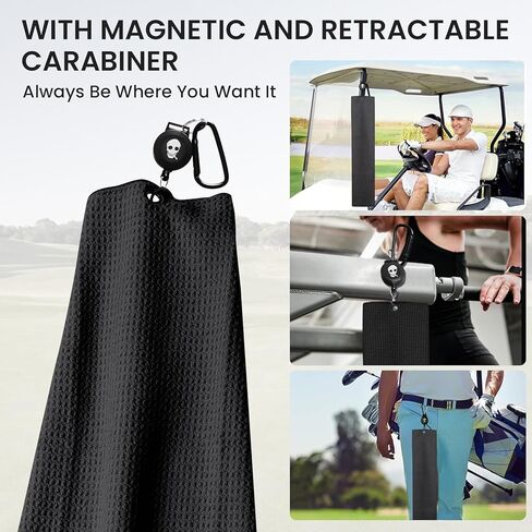 FINGER TEN Golf Towels for Golf Bags with Strong Magnetic Retractable Carabiner 24''X16'' Lightweight Absorbent Microfiber Waffle Pattern Tri-Fold Towel for Women Men (Black&Gray&Blue-3 Pack) in Kuwait