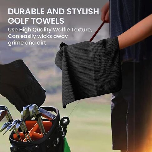 FINGER TEN Golf Towels for Golf Bags with Strong Magnetic Retractable Carabiner 24''X16'' Lightweight Absorbent Microfiber Waffle Pattern Tri-Fold Towel for Women Men (Black&Gray&Blue-3 Pack) in Kuwait