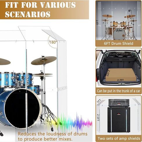 درع الطبل المحمول المكون من 5 ألواح 2FT × 5FT مع عاكسات، درع أكريليك بمفصلات معدنية كاملة الطول، قفص طبل، مثالي للعروض الحية والكنائس (5 لوحات مع انحرافات) in Kuwait