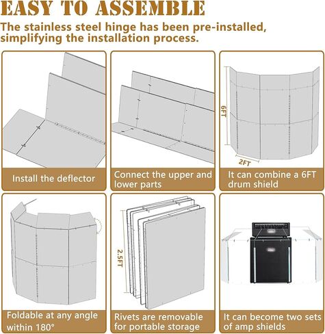 درع الطبل المحمول المكون من 5 ألواح 2FT × 5FT مع عاكسات، درع أكريليك بمفصلات معدنية كاملة الطول، قفص طبل، مثالي للعروض الحية والكنائس (5 لوحات مع انحرافات) in Kuwait
