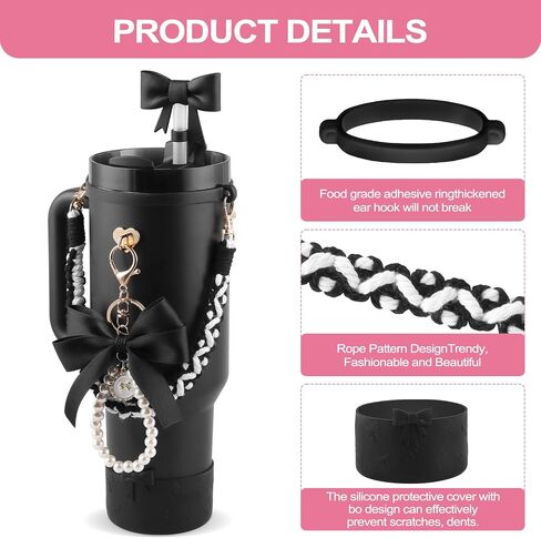 Valentine's Day Stanley Cup Accessories Set Water Bottle Handle Strap, Siliocne Stanley Cup Boot, Bow Straw Cover, Pearl Stanley Charms, Straw Topper for Stanley Cup 40oz & 30oz Tumbler (Pink) in Saudi Arabia