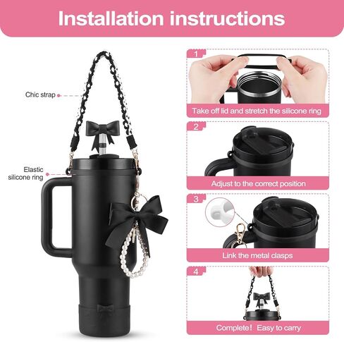 Valentine's Day Stanley Cup Accessories Set Water Bottle Handle Strap, Siliocne Stanley Cup Boot, Bow Straw Cover, Pearl Stanley Charms, Straw Topper for Stanley Cup 40oz & 30oz Tumbler (Pink) in Saudi Arabia