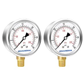 MEASUREMAN 2-1/2" Dial Size, Glycerin Filled Pressure Gauge, 0-160psi/kpa, 304 Stainless Steel Case, 1/4" NPT Lower Mount 2 Pack