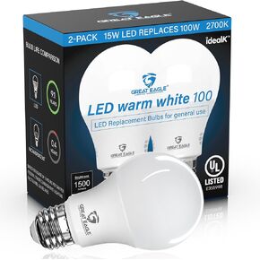 Great Eagle 100 Watt Light Light ، A19 LED Light Plugs 100 Watt مكافئة ، مصابيح مصباح LED 3000K ، مصابيح مصباح LED أبيض ناعمة 15W (4 حزمة)
