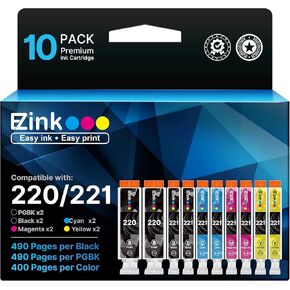 حبر E-Z (استبدال خرطوشة الحبر المتوافقة مع Canon PGI-220 PGI220 CLI-221 CLI221 للاستخدام مع PIXMA MX860 MX870 MP620 MP560 (2 أسود كبير، 2 سماوي، 2 أرجواني، 2 أصفر، 2 أسود صغير) 10 عبوات